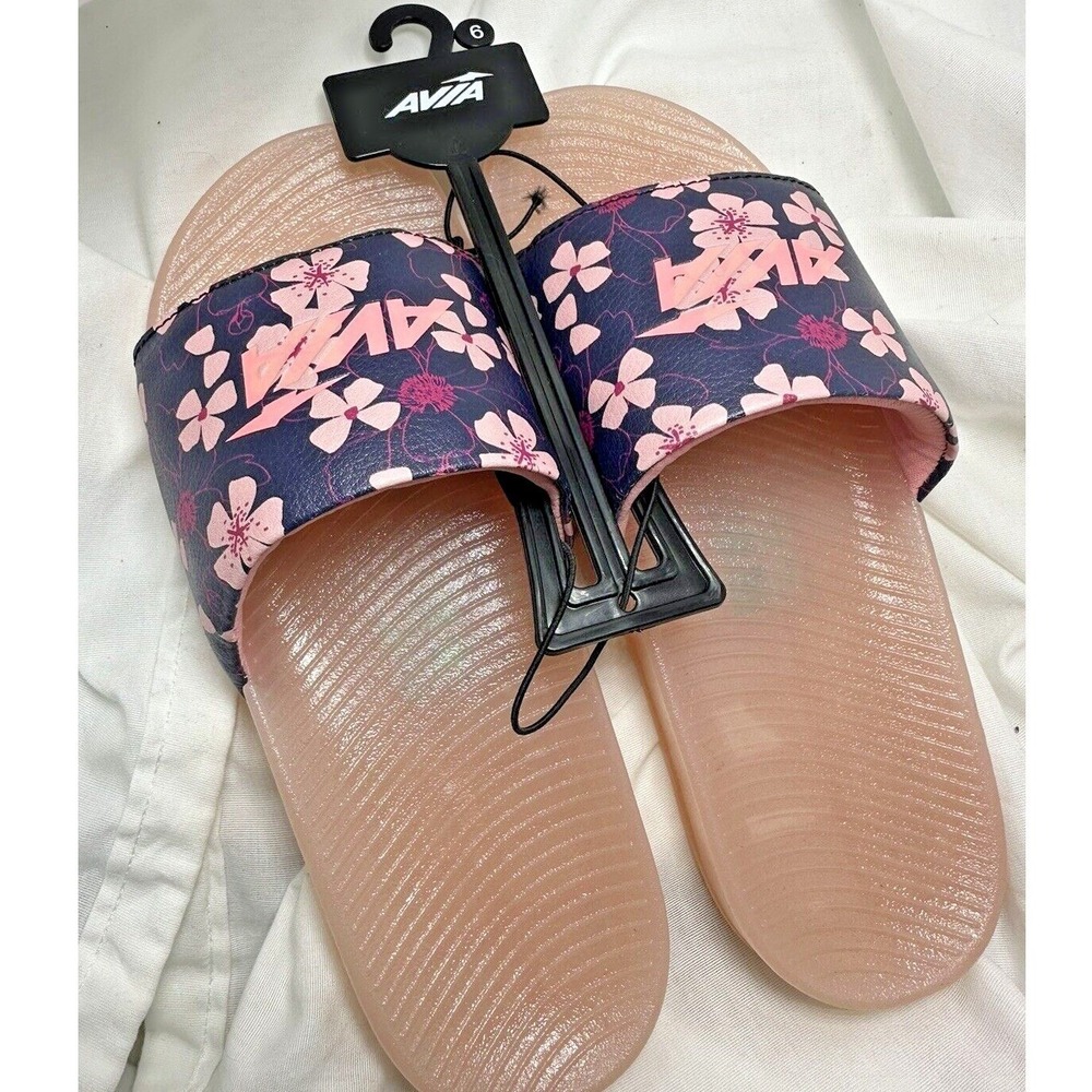 Avia Womens Pink Navy Floral Slide Sandals Cherry Blossom Sport‎ Slides Sz 6 NEW